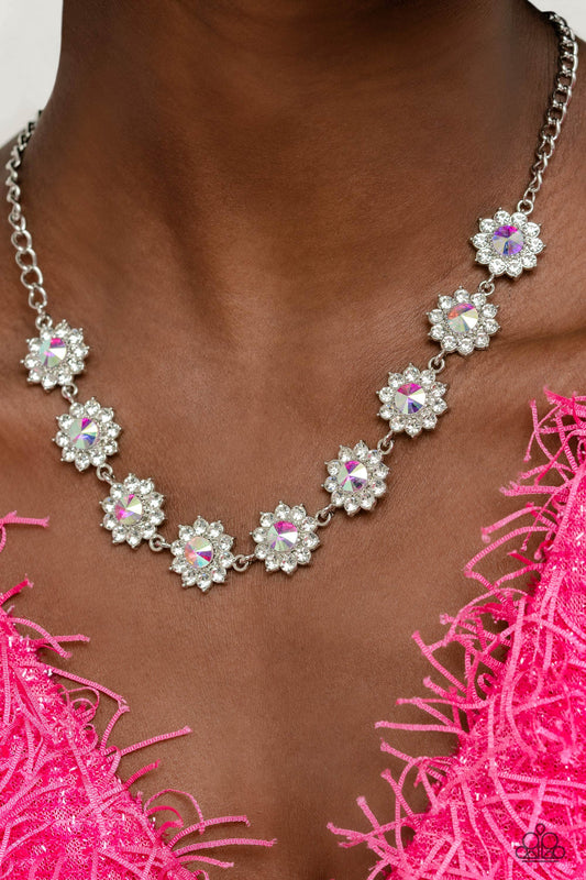 Blooming Brilliance - Multi Iridescent & White Rhinestone Flower Paparazzi Necklace & matching earrings