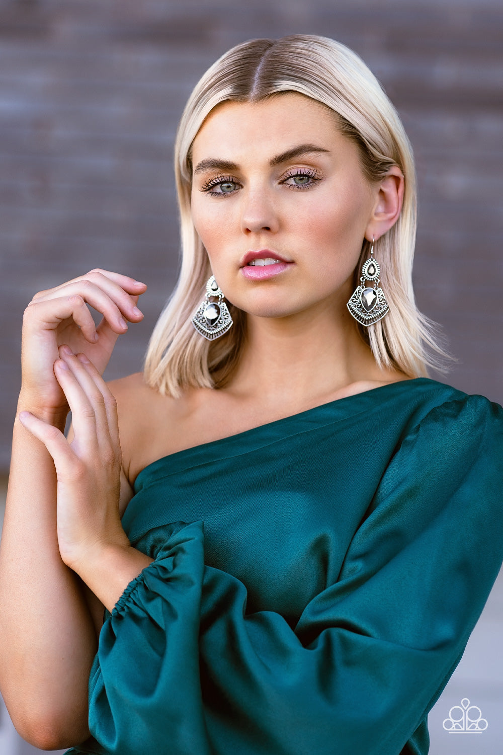 Royal Remix - Silver Intricate Pattern Frame & Hematite Gem Paparazzi Earrings