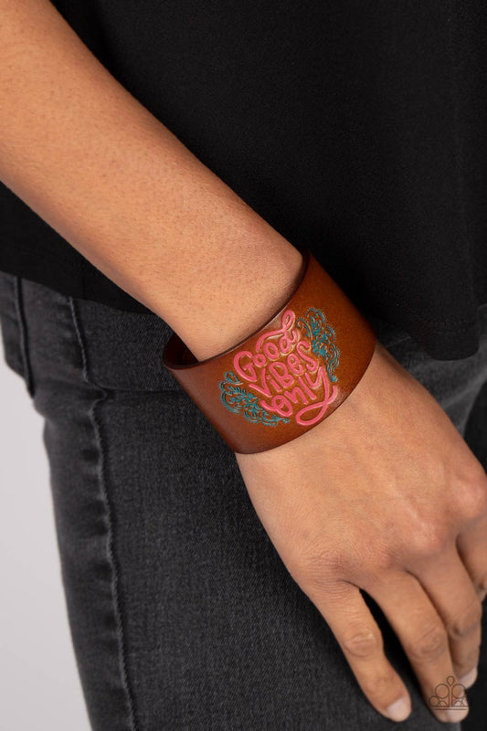 Easy Energy - Pink "Good Vibes Only" Stamped Brown Leather Paparazzi Snap Bracelet