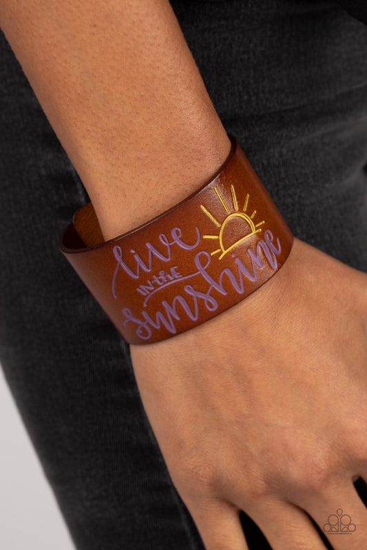 Sunshine Season - Purple "live in the sunshine" Stamped Brown Leather Paparazzi Snap Bracelet