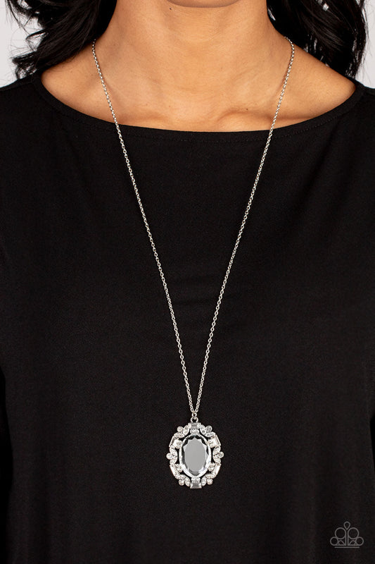 Noble Reflection - White Oval Gem & White Rhinestone Pendant Paparazzi Necklace & matching earrings