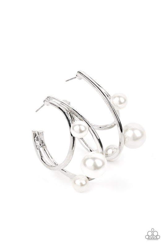 Metro Pier - White Pearl & Curved Silver Bar Paparazzi Hoop Earrings