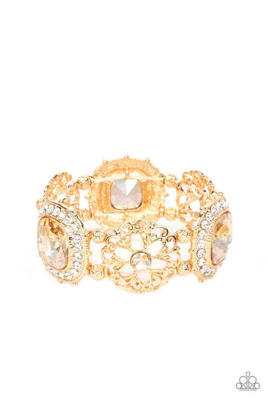♥ Gilded Gallery - Gold Floral Inspired Frames, Oversized Gems, & White Rhinestone Paparazzi Stretch Bracelet
