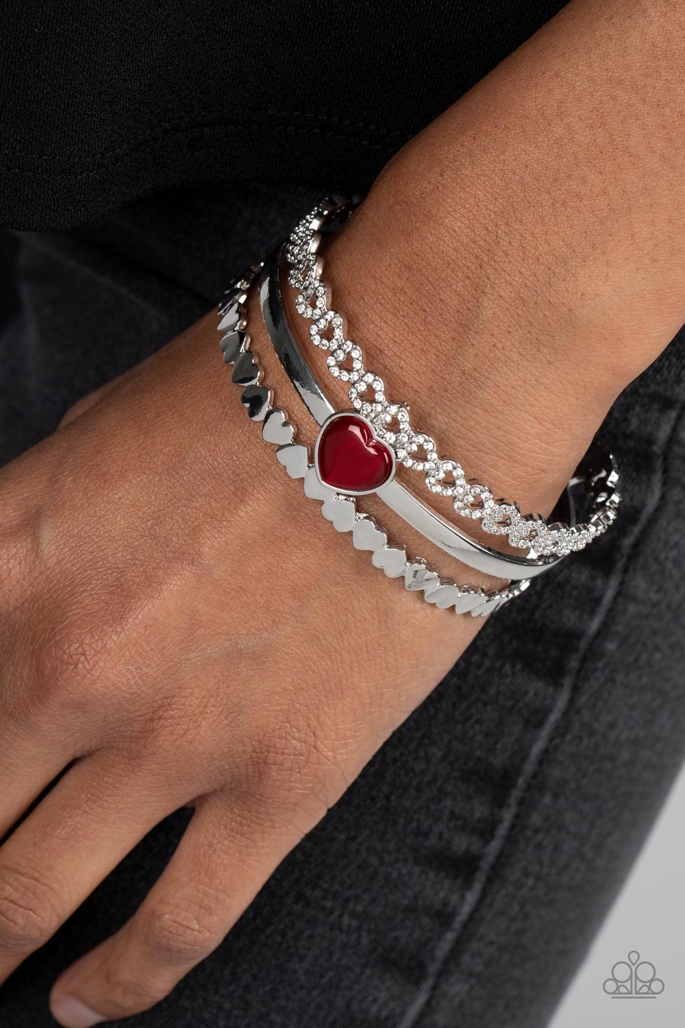 You Win My Heart - Red Cat's Eye Heart, Silver Hearts, & White Rhinestone Heart Paparazzi Cuff Bracelet