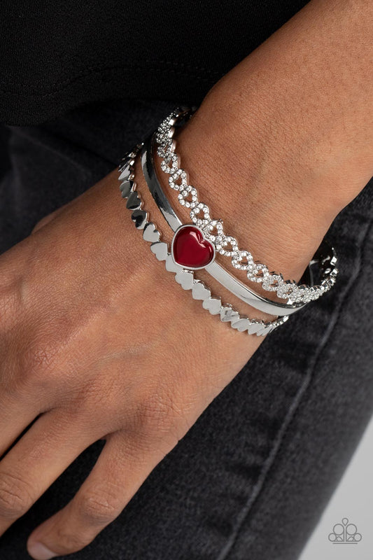 You Win My Heart - Red Cat's Eye Heart, Silver Hearts, & White Rhinestone Heart Paparazzi Cuff Bracelet