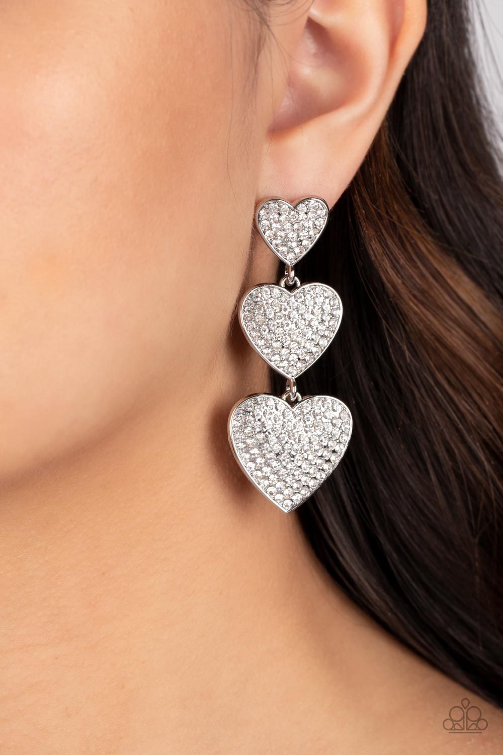Couples Retreat - White Rhinestone Studded Silver Heart Paparazzi Earrings