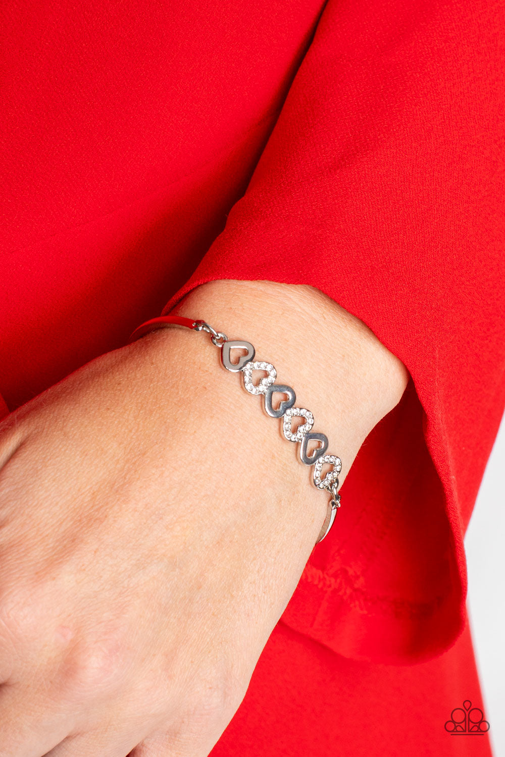 Attentive Admirer - White Rhinestone & Silver Connected Hearts Paparazzi Adjustable Bracelet