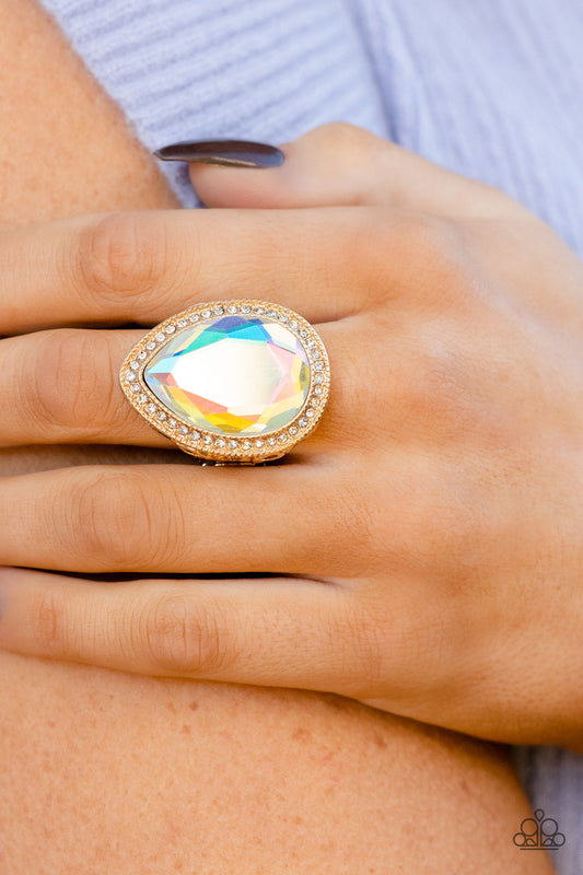 Illuminated Icon - Gold Teardrop Frame & Oversized Iridescent Gem Paparazzi Ring