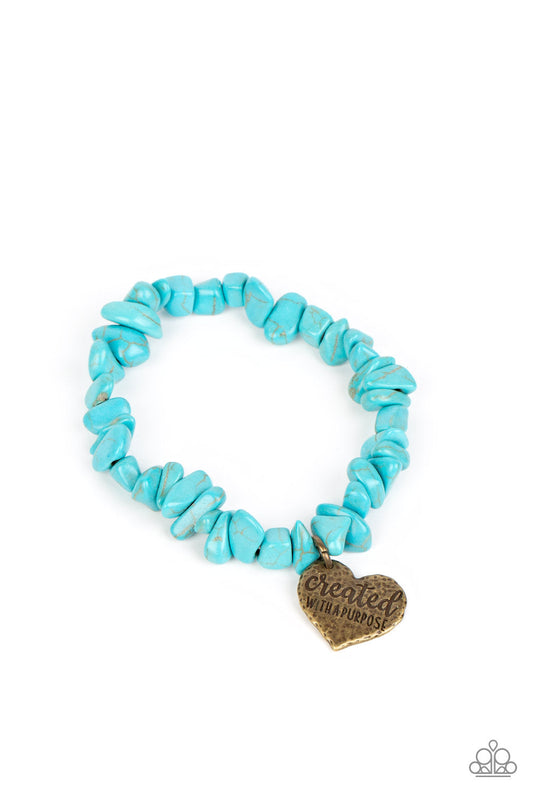 Stony-Hearted - Brass "crested with a purpose" Heart Charm & Turquoise Stone Paparazzi Stretch Bracelet