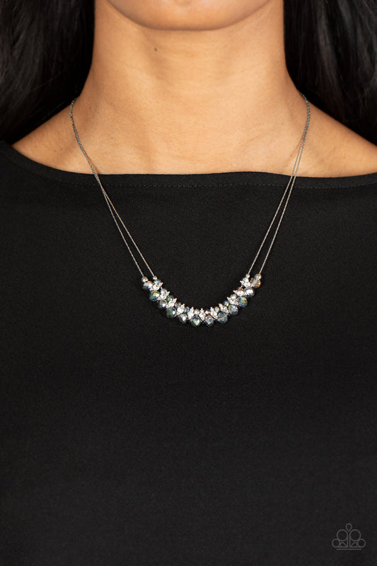 Shimmering High Society - Silver Chain/Glassy Beads/White Rhinestone Paparazzi Necklace & matching earrings