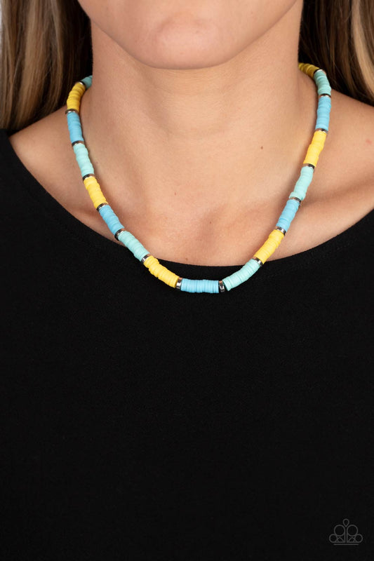 Rainbow Road - Blue, Yellow, & Turquoise Rubber Disc Paparazzi Necklace & matching earrings