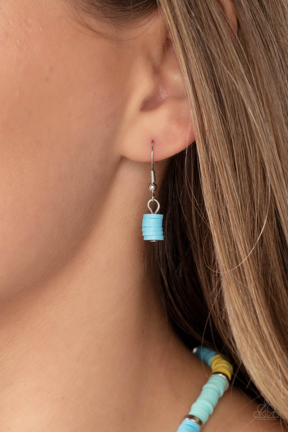 Rainbow Road - Blue, Yellow, & Turquoise Rubber Disc Paparazzi Necklace & matching earrings