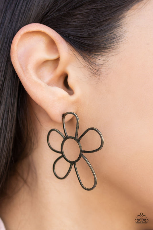 Rustic Rarity - Brass Antiqued Oversized Flower Paparazzi Earrings