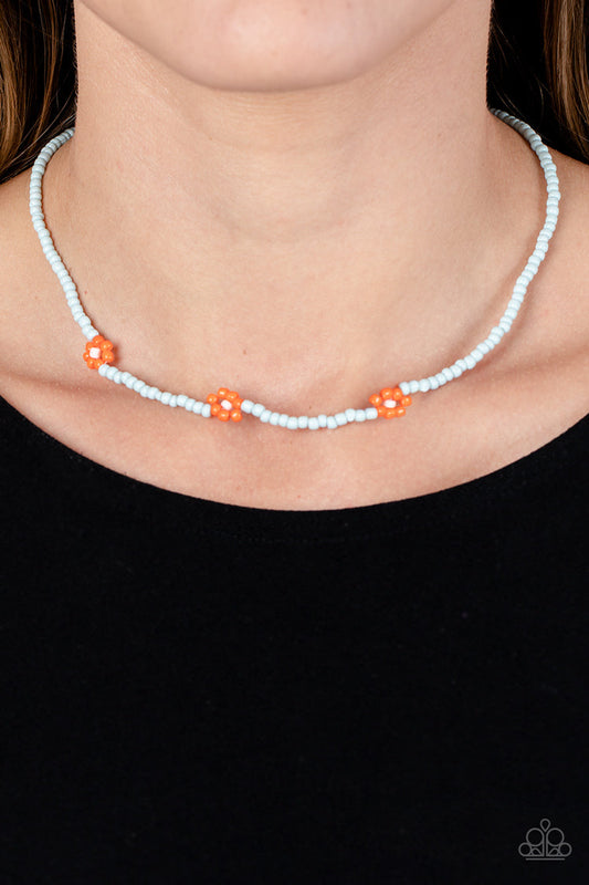 Bewitching Beading - Orange Seed Bead Flowers/Light Blue Seed Beads Paparazzi Necklace & matching earrings