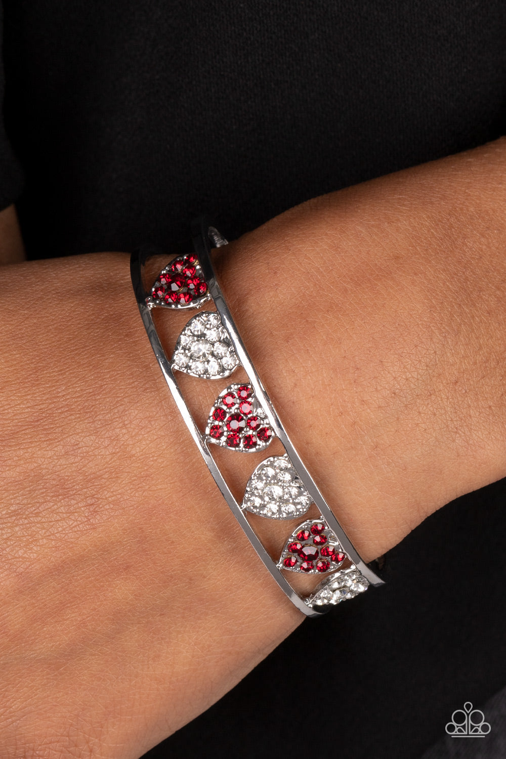 Decadent Devotion - Red & White Rhinestone Heart Paparazzi Cuff Bracelet
