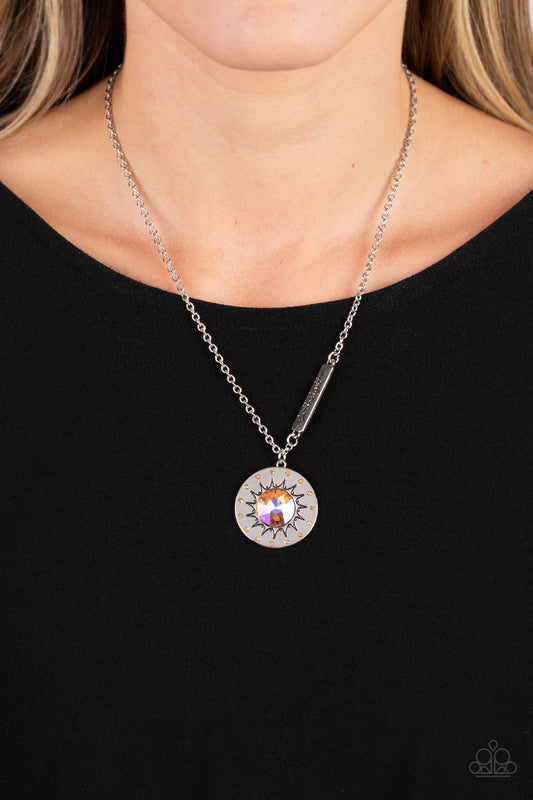 Sundial Dance - Orange Iridescent Rhinestones & Silver "Be The Light" Charm Paparazzi Necklace & matching earrings
