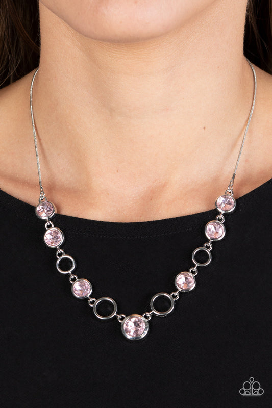 Elegantly Elite - Pink Round Rhinestone Paparazzi Necklace & matching earrings
