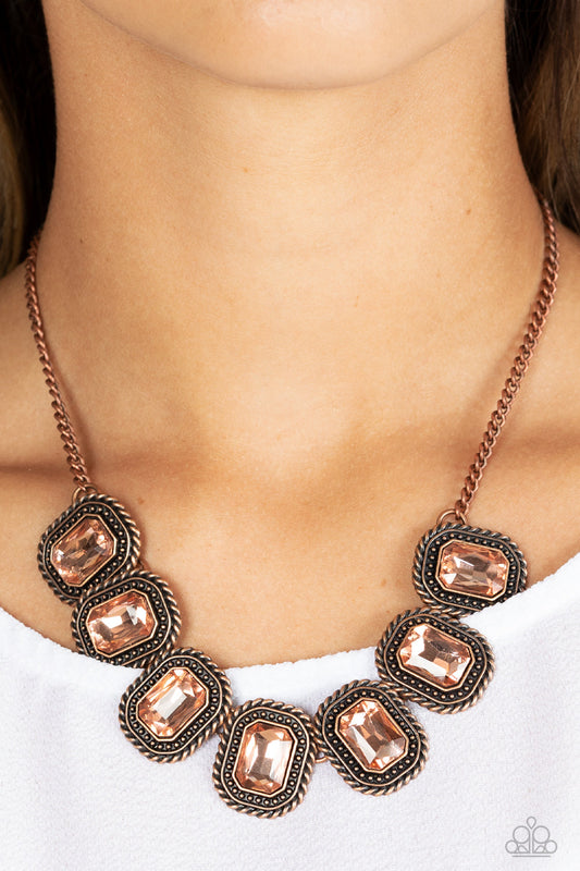 Iced Iron - Copper Twisted Texture Frame & Copper Rhinestone Paparazzi Necklace & matching earrings