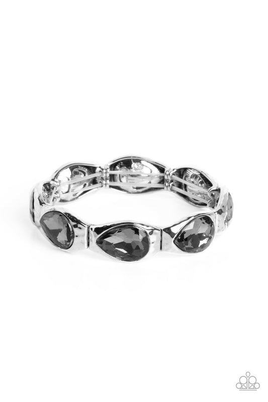 Formal Fanfare - Silver Hammered Frames & Smoky Teardrop Gem Paparazzi Stretch Bracelet