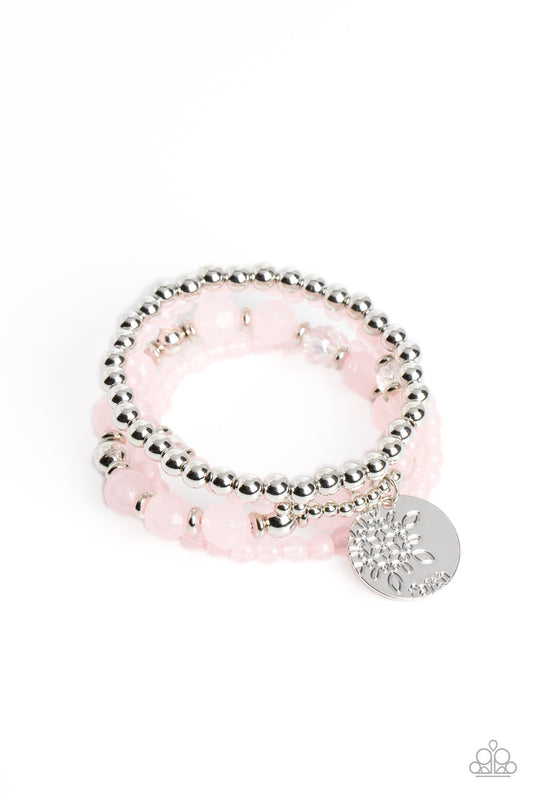 Surfer Style - Pink Opaque, Silver, & Clear Beaded "Faith" Set of 4 Paparazzi Stretch Bracelets