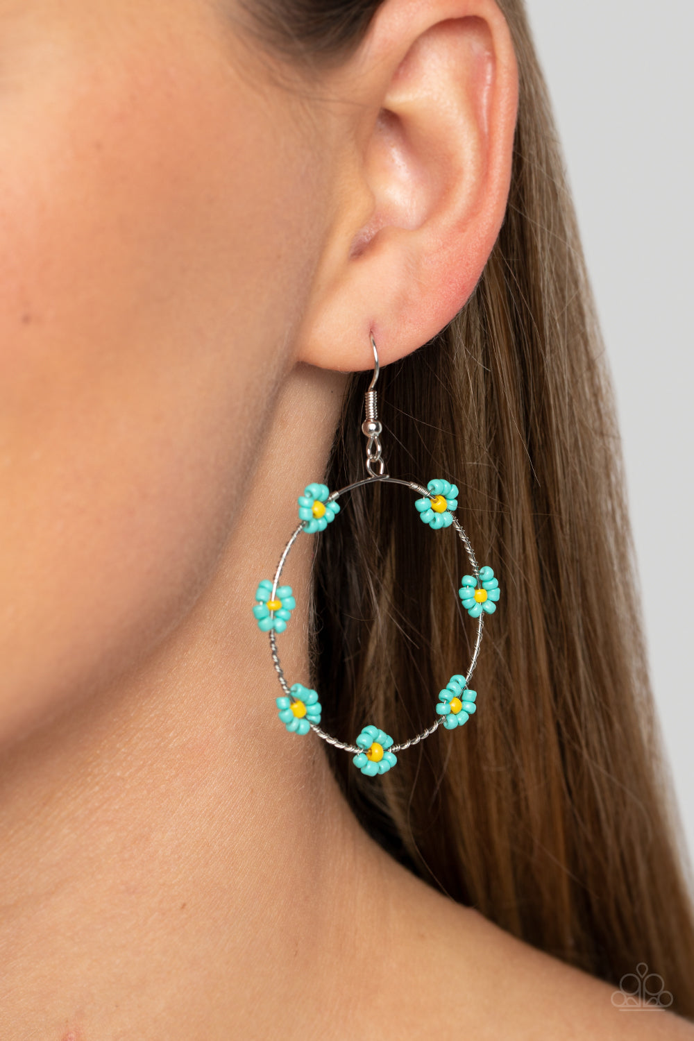 Dainty Daisies - Blue & Yellow Seed Bead Flower Paparazzi Earrings