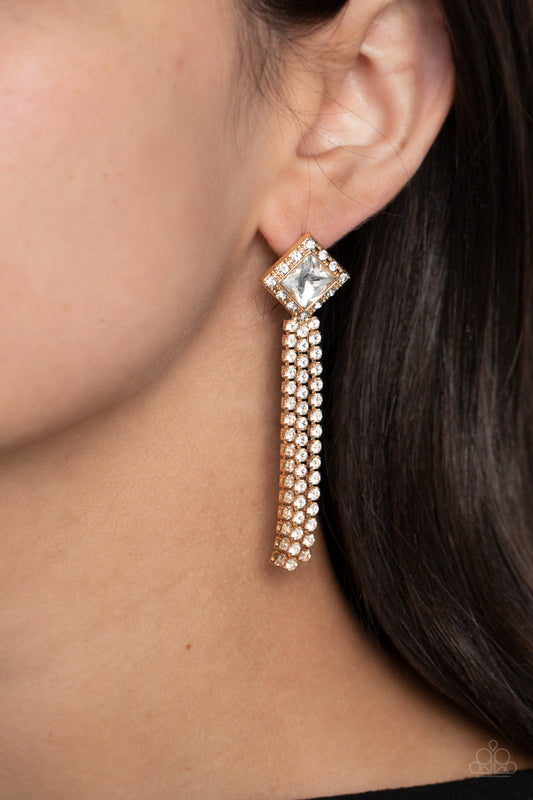 Seasonal Sparkle - Gold Frames & White Rhinestone Tassel Paparazzi Earrings