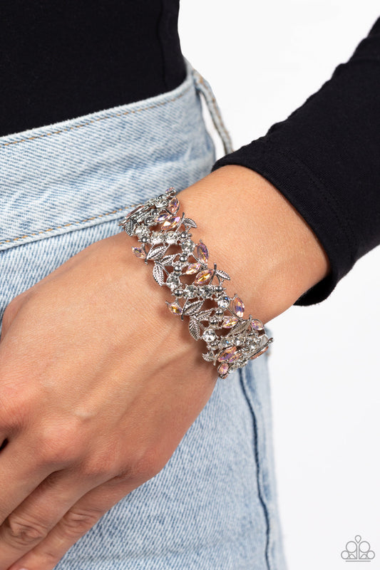 Feathered Finesse - Orange Iridescent & White Gem/Silver Feather-Like Detail Paparazzi Stretch Bracelet