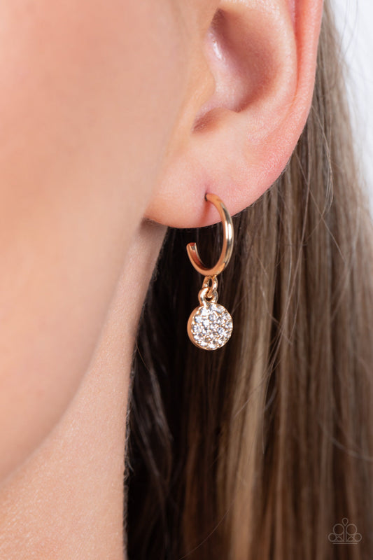 Bodacious Ballroom - Gold Dainty Hoop & White Rhinestone Disc Paparazzi Hoop Earrings