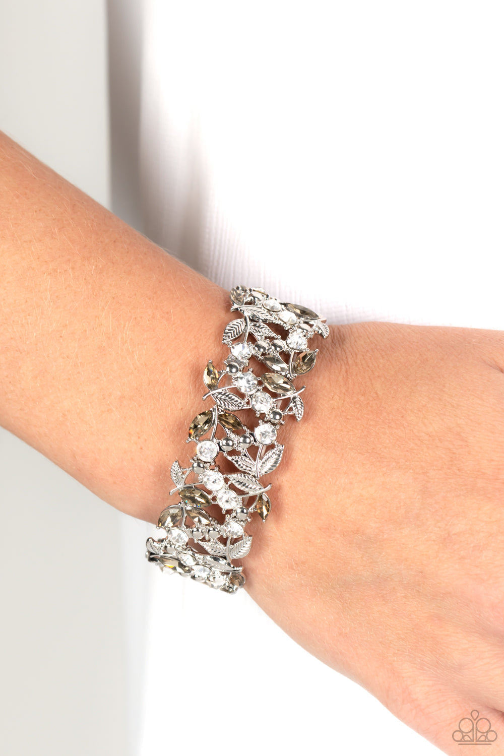 Feathered Finesse - Brown/Topaz Gems & Silver Feather-Like Detail Paparazzi Stretch Bracelet