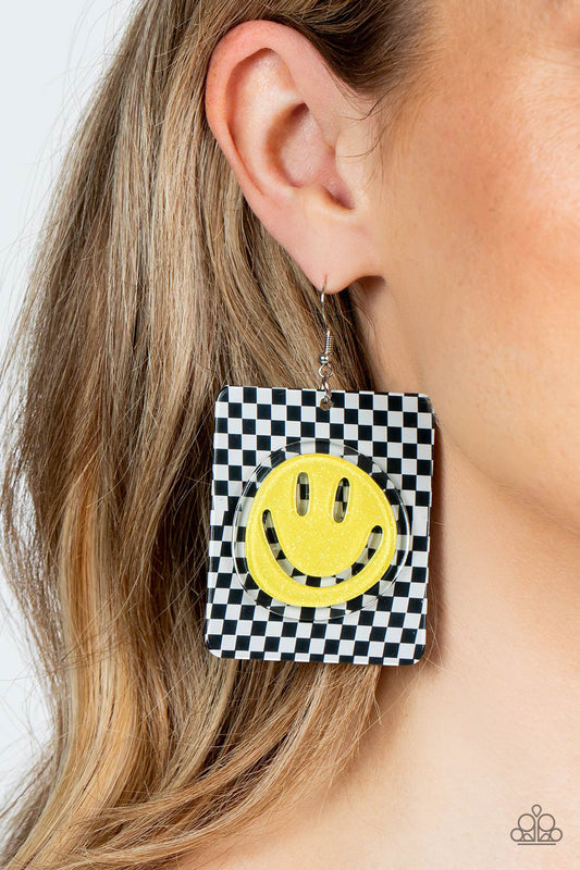 Cheeky Checkerboard - Yellow Oversized Smily Face & Checkerboard Backdrop Paparazzi Earrings