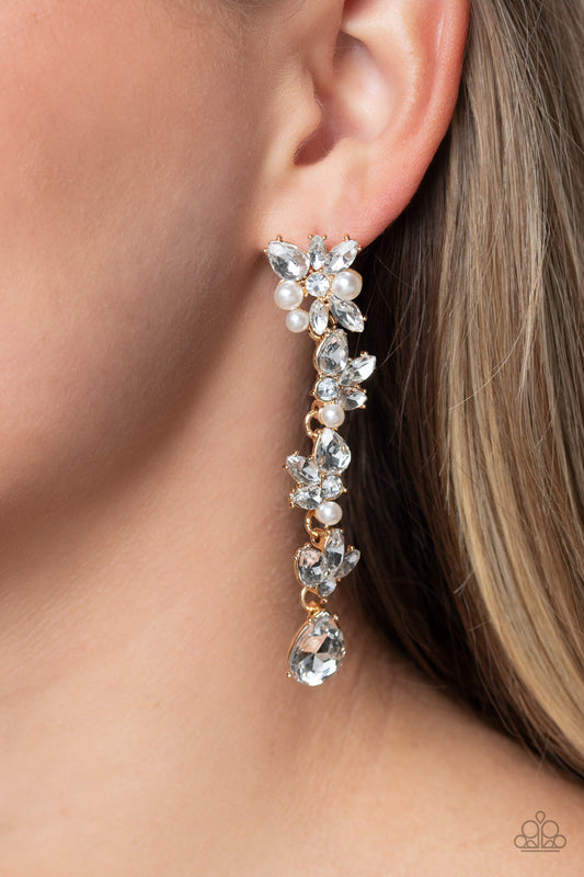 LIGHT at the Opera - Gold Fittings, White Gems, & White Pearl Paparazzi Earrings