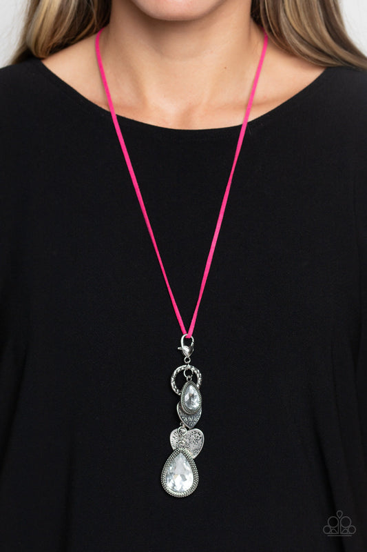 Casanova Clique - Pink Suede/Teardrop Gems/Silver Heart Pendant Paparazzi Necklace & matching earrings