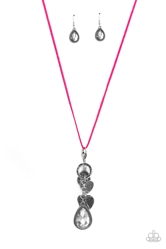 Casanova Clique - Pink Suede/Teardrop Gems/Silver Heart Pendant Paparazzi Necklace & matching earrings