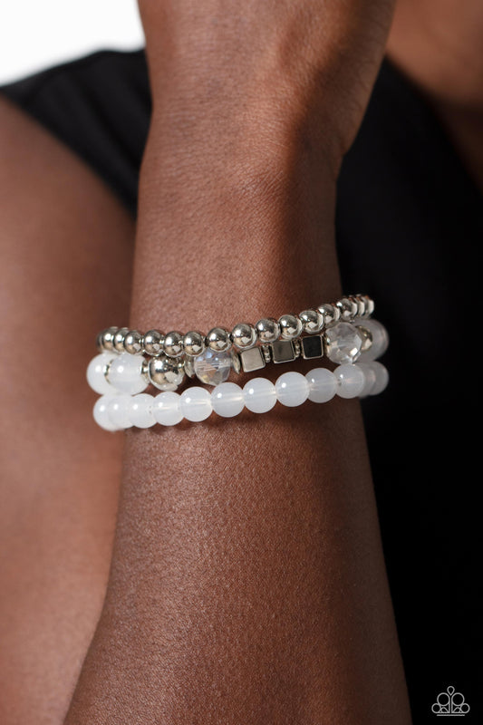 CUBE Your Enthusiasm - White Opaque Beads/Silver Accents Paparazzi Set of 3 Stretch Bracelets