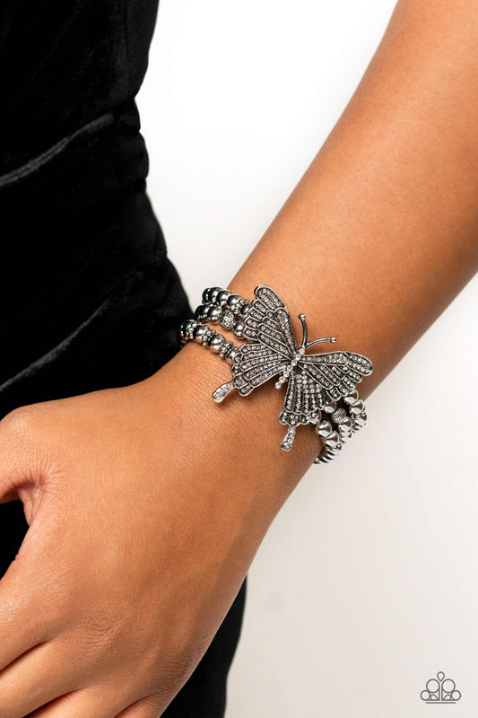 First WINGS First - White Rhinestone Oversized Butterfly/Silver Beaded Paparazzi Stretch Bracelet