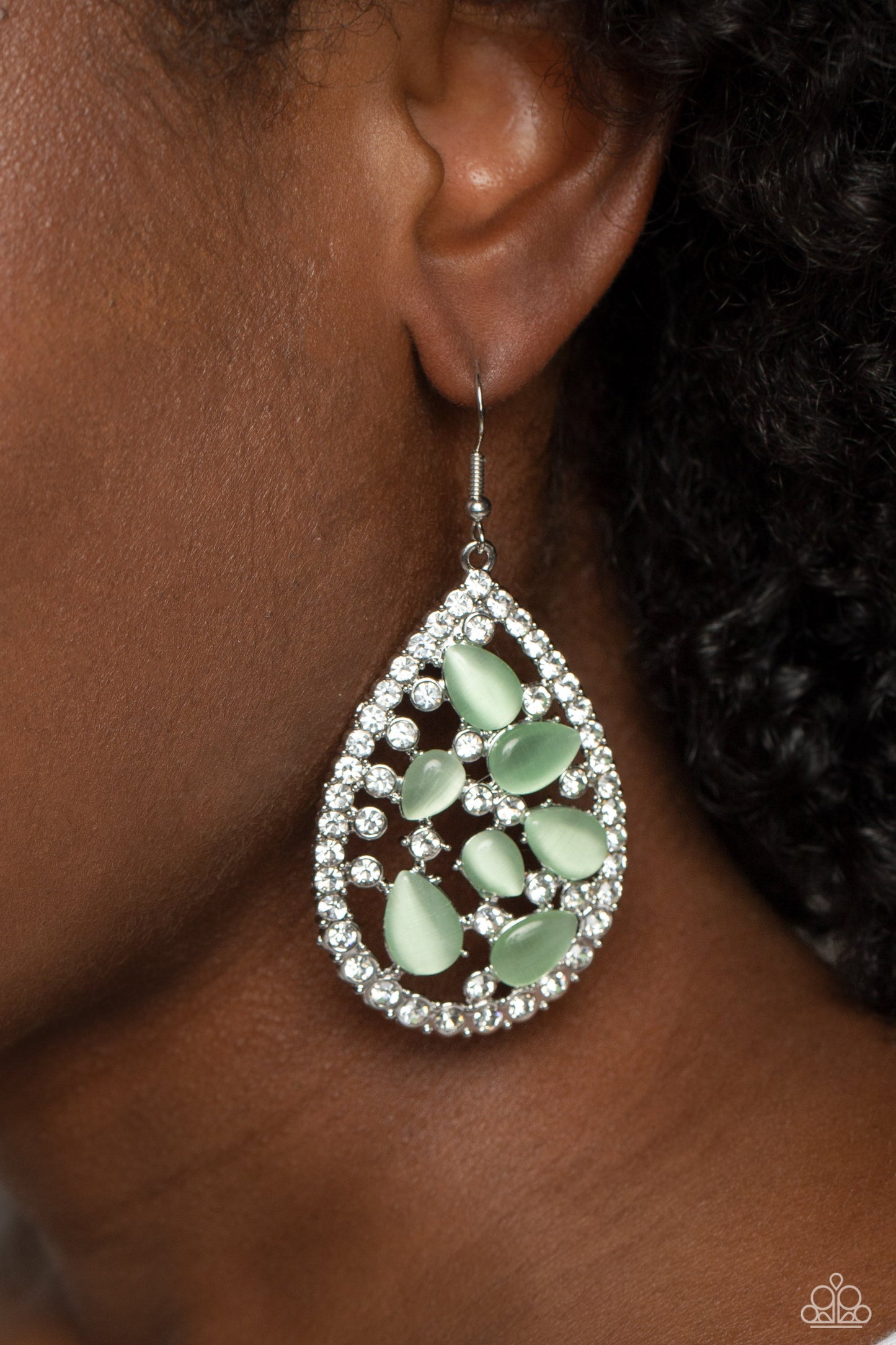 Cats Eye Class - Green Cat's Eye Stones & White Rhinestone Paparazzi Earrings
