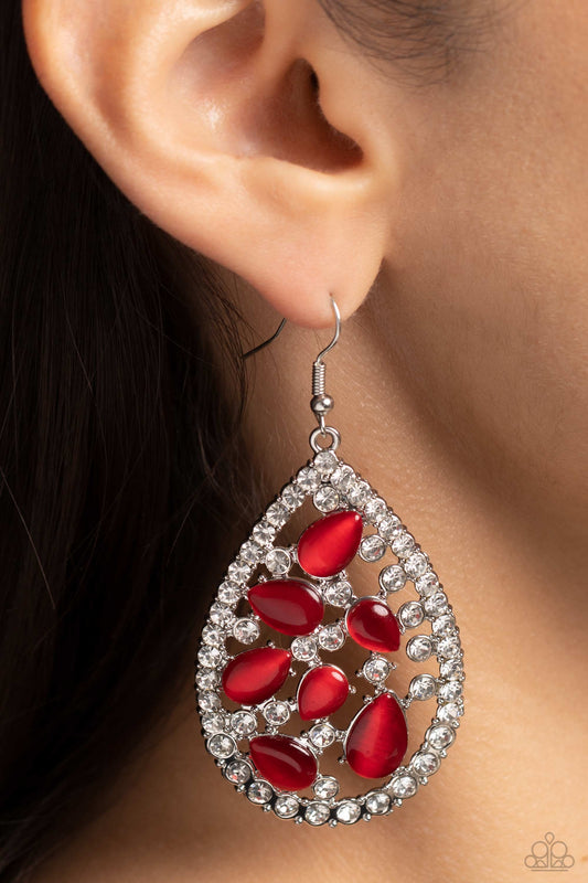 Cats Eye Class - Red Cat's Eye Stones & White Gem Paparazzi Earrings