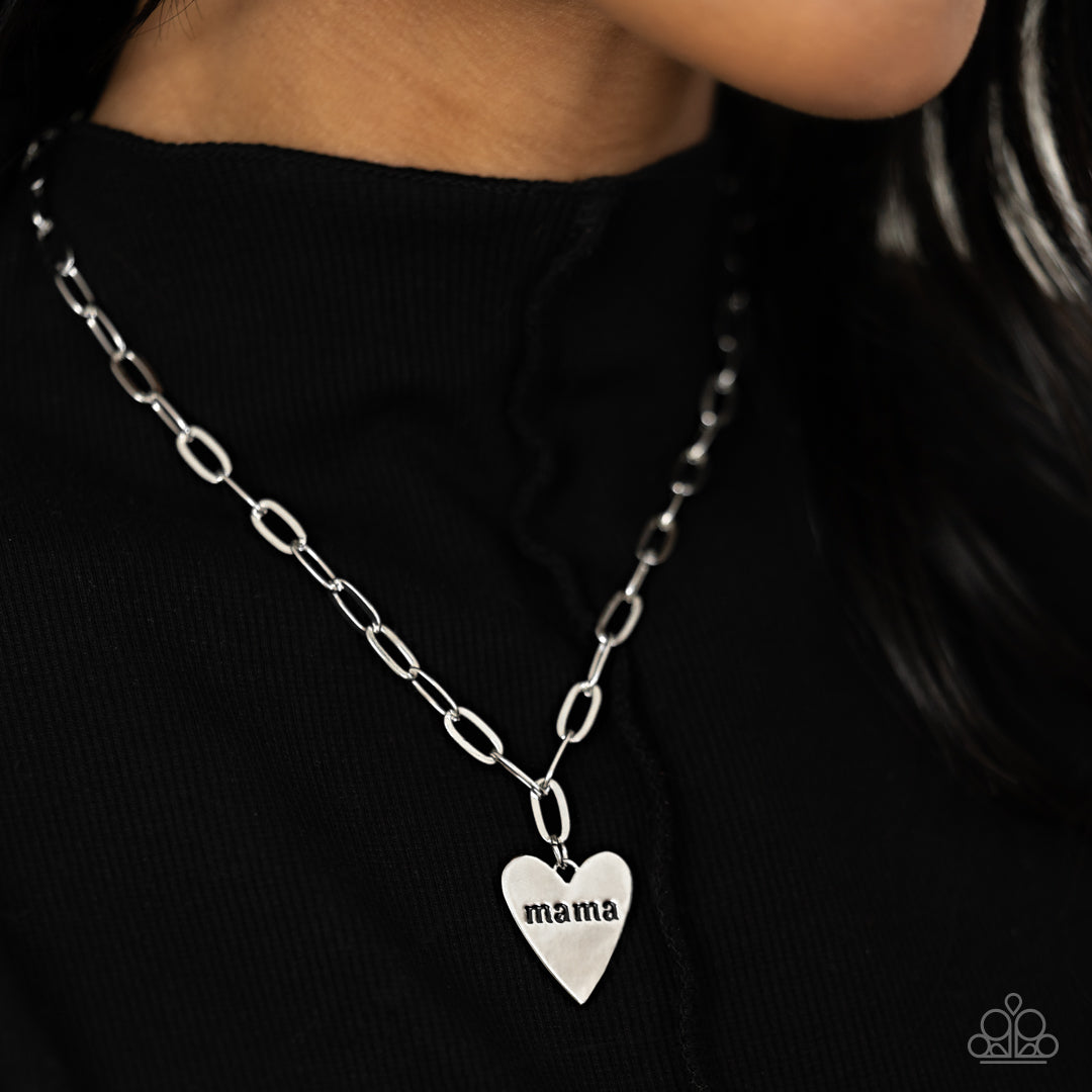 Mama Cant Buy You Love - Silver "Mama" Stamped Heart Pendant Paparazzi Necklace & matching earrings