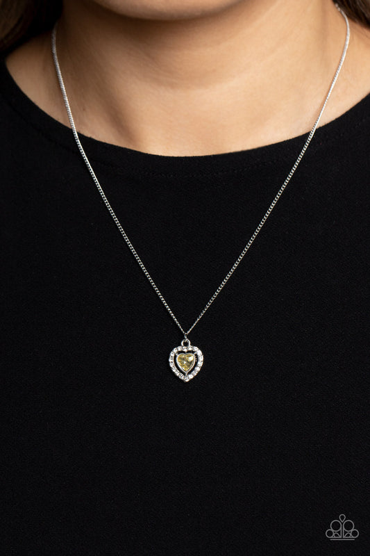 Day of Love - Yellow Heart Gem & White Rhinestone Pendant Paparazzi Necklace & matching earrings
