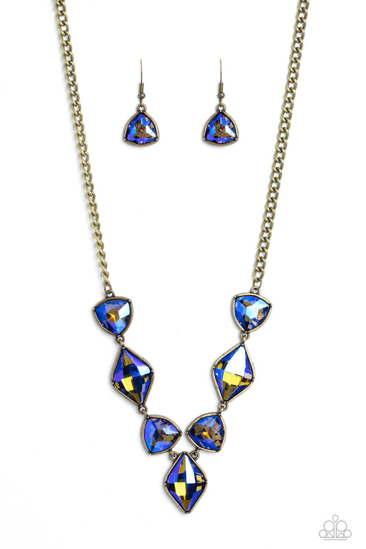 Glittering Geometrics - Brass Frames & Blue Reflective Shimmer Gem Paparazzi Necklace & matching earrings