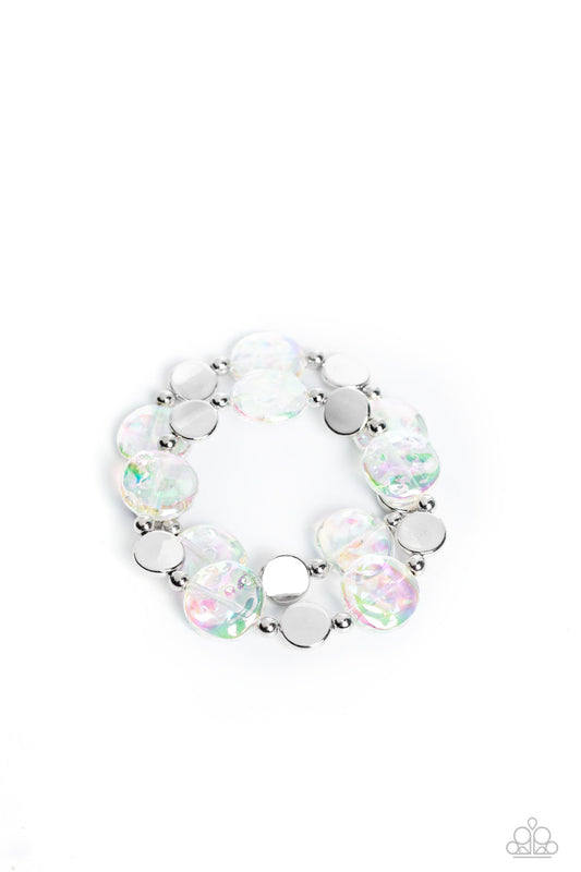 Discus Throw - White Iridescent Shimmer Discs & Silver Disc Paparazzi Set of 2 Stretch Bracelets