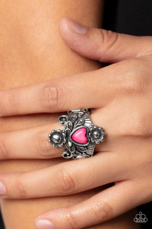 Trailblazing Tribute - Pink Stone Heart & Silver Filigree Paparazzi Ring