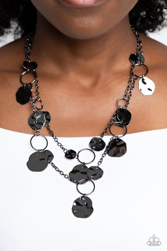 Hammered Horizons - Gunmetal Hoops/Hammered Discs Double Strand Paparazzi Necklace & matching earrings