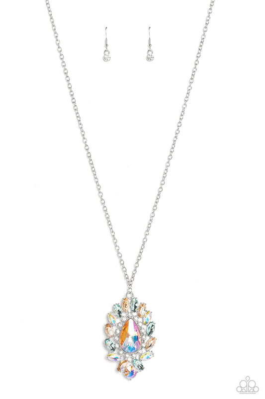 Over the TEARDROP - Multi Iridescent/Peach/Blue Oversized Gem Pendant Paparazzi Necklace & matching earrings