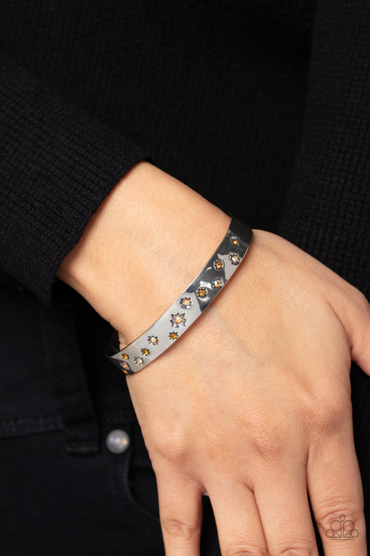 Starburst Shimmer - Orange & Iridescent Dainty Rhinestones/Stamped Star Shape Paparazzi Cuff Bracelet