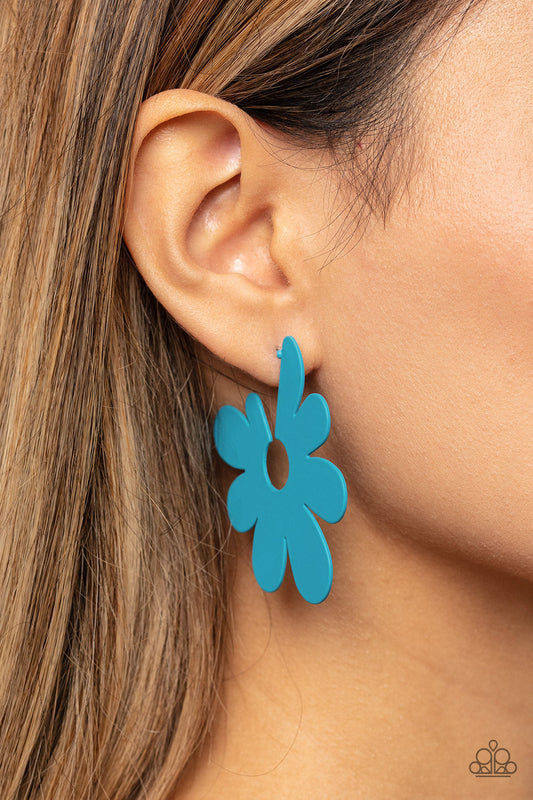 Flower Power Fantasy - Blue Asymmetrical Oversized Flower Hoop Paparazzi Earrings