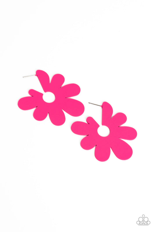 Flower Power Fantasy - Pink Asymmetrical Oversized Abstract Flower Hoop Paparazzi Earrings