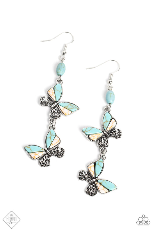 Spirited Soar - Blue/Turquoise & White Stone Butterfly Paparazzi Earrings