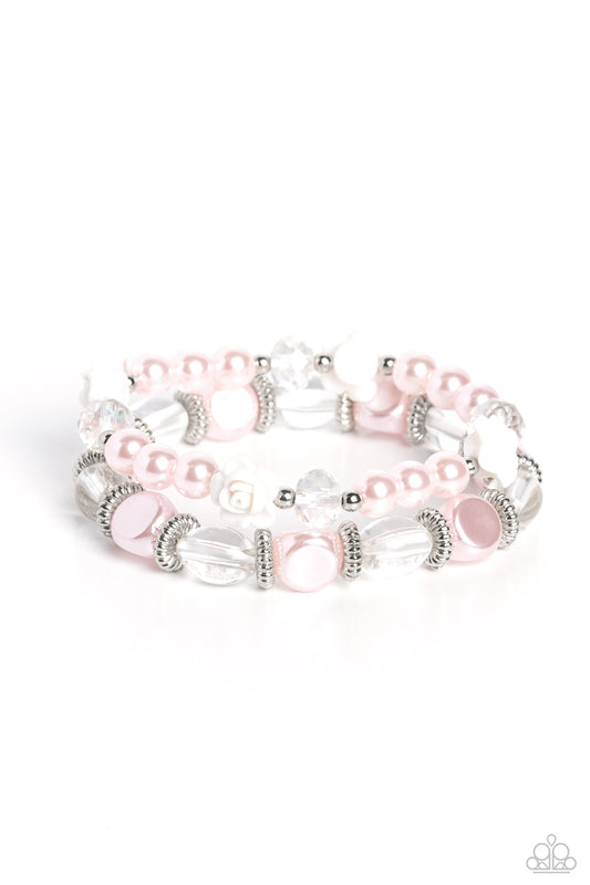 Who ROSE There? - Pink Pearls, Silver Rings, Pink/Clear Beads, & White Rose Paparazzi Set of 2 Stretch Bracelets
