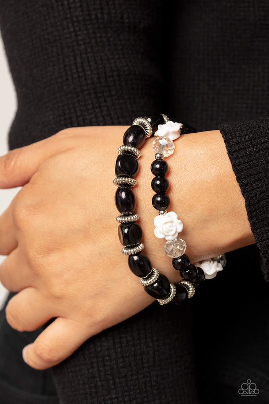 Who ROSE There? - Black Beads & Pearls/Silver Studded Rings/White Roses Paparazzi Set of 2 Stretch Bracelets